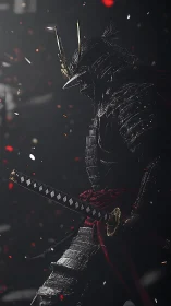 Shadowed samurai sentinel in ember-streaked battle hush.