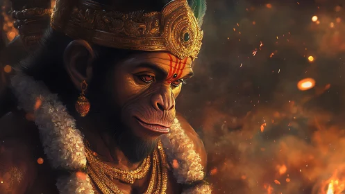 Crowned simian warrior contemplates calmly amid rising embers