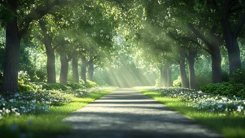 Sunlit tree-lined path inviting a calm, unhurried stroll.