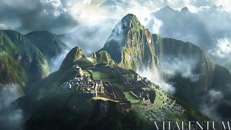 Sunlit mountain citadel rising above misty green valleys.