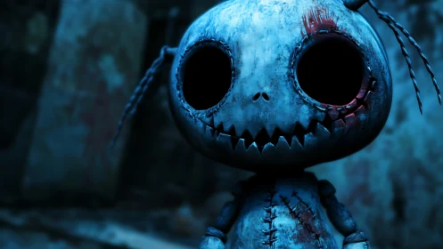 Forensically rendered stitched doll with voided ocular cavities.