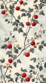 Apple branches with painterly foliage against soft skyfield.