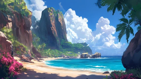 Tropical Coastal Cove with Towering Basalt Formations and Turquoise Waters