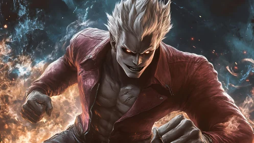 Flaming antihero lunges forward through stormlit embers