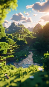 Voxel river valley under cinematic sunset lighting.