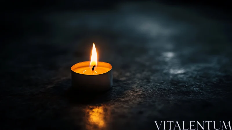 Single tealight candle glows on textured dark stone surface.