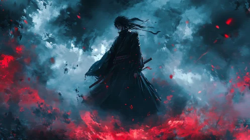 Lone samurai stands in swirling red and blue storm clouds.