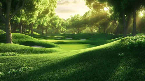 Sunlit forest golf fairway with sculpted emerald contours.