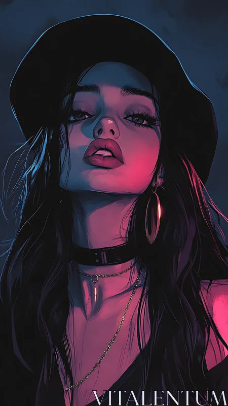 Digital portrait shows low-angle view of woman in hat