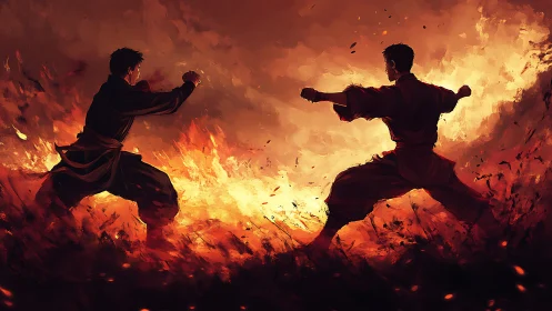 Two martial artists facing off amid intense surrounding fire.
