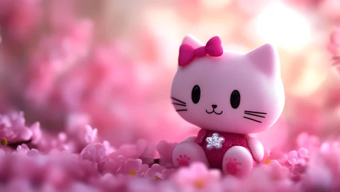 Blush-pink toy kitten dreams among floating cherry petals.