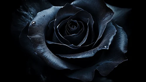 Midnight black rose macro with dewy velvety petals.