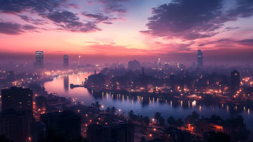 Soft dusk over a riverside city wrapped in glowing lights.