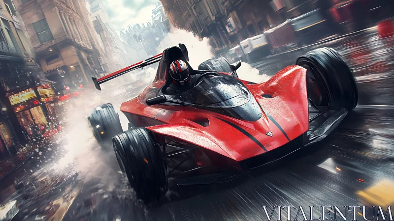 Red street racer carving through a rain soaked city sprint.