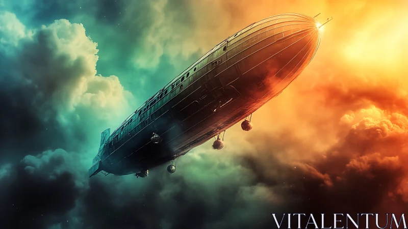 Dirigible airship crossing dramatic dual color sky.