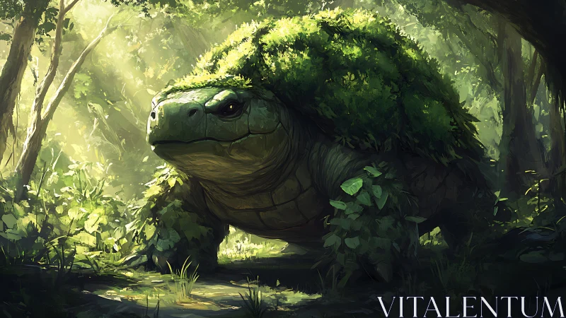 Forest megatortoise with photosynthetic moss-carapace symbiosis.