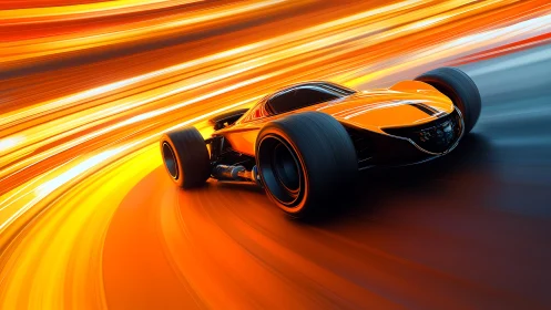 Futuristic monoposto race car glows under dynamic orange light trails