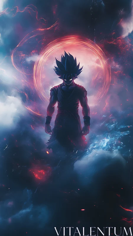 Powerful anime warrior silhouette in cosmic storm.