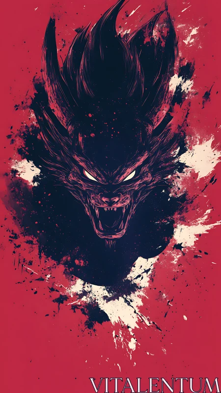 Ferocious ink-splatter demon head on crimson negative field