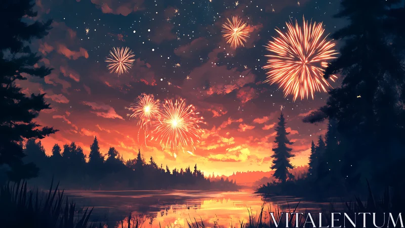 Lakeside fir silhouettes under fiery sunset fireworks display.