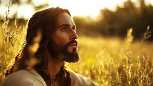Bearded man in golden field at sunset, thoughtful gaze.