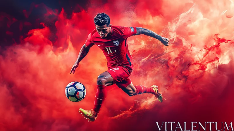 Dynamic soccer player in red kit against smoky red backdrop.