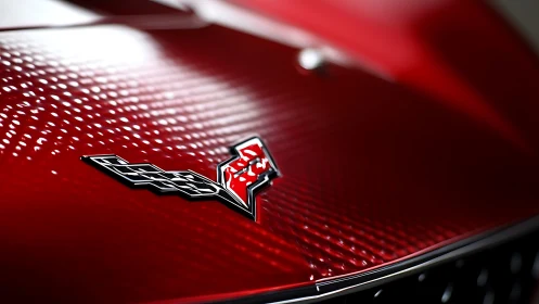 Macro study of red Corvette hood badge and reflective paintwork.
