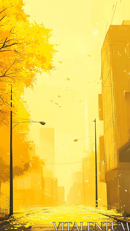 Golden morning floods a quiet city street with liquid light