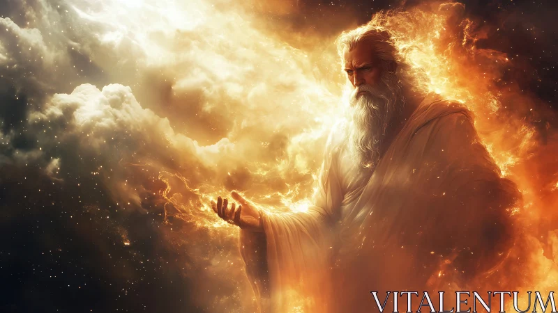 Bearded robed figure in luminous cloud and fire environment.