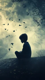 Silhouetted boy in moody dusk landscape with swirling birds.