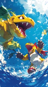 Playful dragon pals splashing through a bright blue ocean.