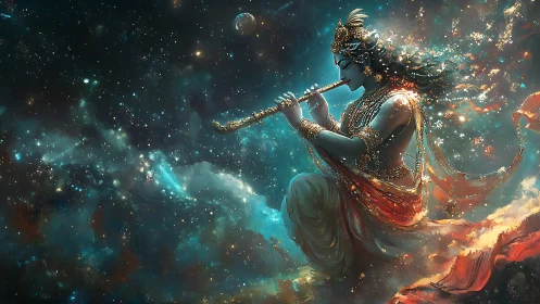 Figure playing flute rendered against dense cosmic nebula field