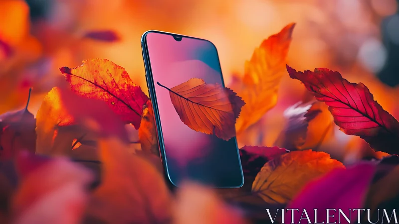 Smartphone rests among vivid autumn foliage in soft focus.