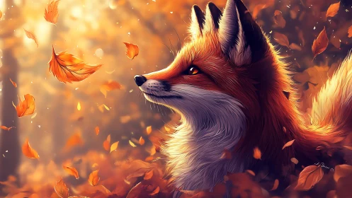 Red fox watches swirling autumn leaves in warm forest glow