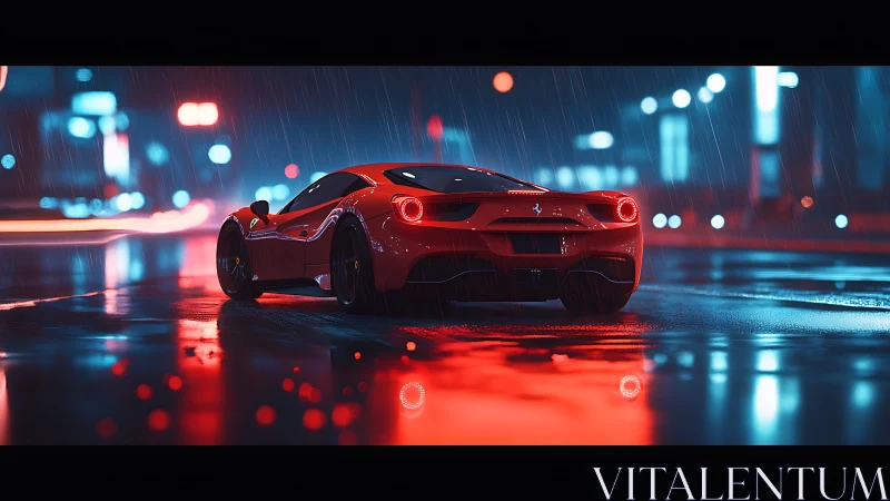 Red sports car in neon lit rainy city street at night.