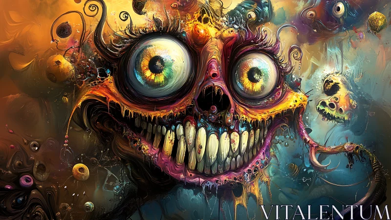 Grotesque wide eyed skull monster in vivid swirling colors.