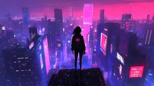 Neon-drenched vigilante surveys a rainy cyberpunk skyline.