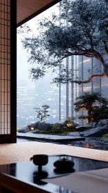 Zen rooftop tea garden dreaming above neon city lights.