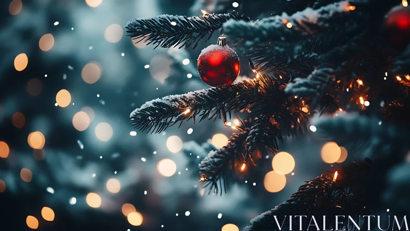 Snowy Christmas branches glow softly with warm holiday lights