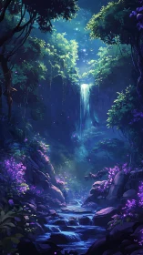 Enchanted moonlit waterfall cascades through glowing forest.