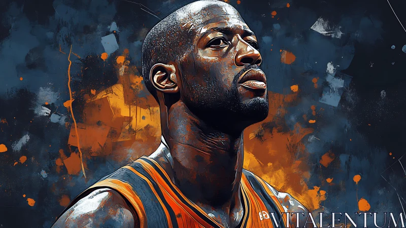 Digital portrait of focused basketball player in motion-lit paint.