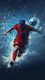 Dynamic soccer striker explodes through water in blue haze