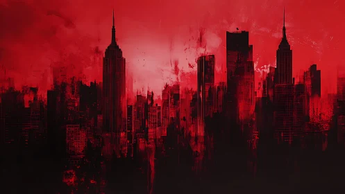 Monochrome red city skyline dissolves into abstract vertical streaks