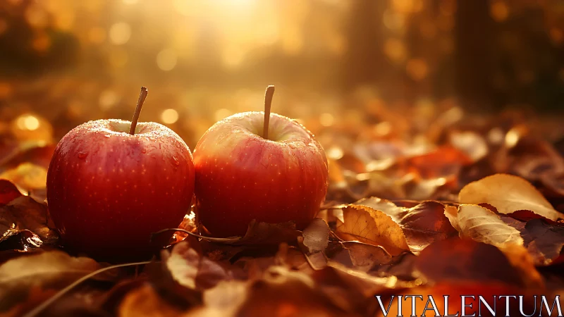 Two red apples resting on autumn leaves at sunset.