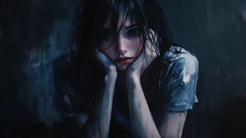 Melancholic digital portrait of pensive young woman at dusk.