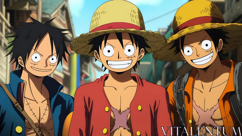 Straw hat triplicate grins marching through sunny harbor streets.