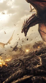 Volcanic dragon assault in dynamically tilted war panorama.