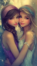 Close portrait of two girls in soft glowing light.