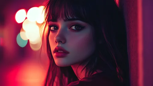 Neon-lit portrait captures moody girl in vibrant city glow.