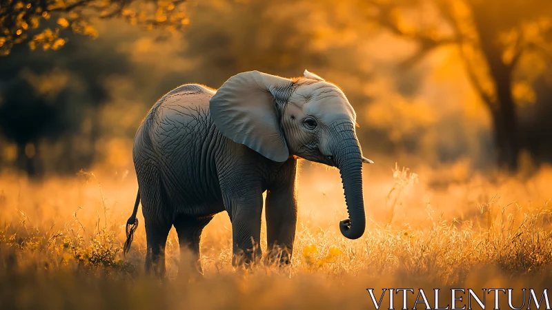 Golden-hour baby elephant in glowing savanna grassland.